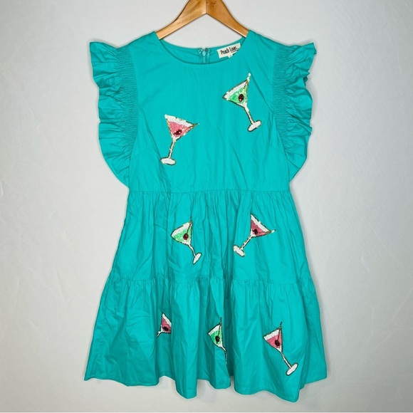 NWT! Peach Love SEQUINS MARTINI PATCH TURQUOISE COTTON MINI DRESS. Size Medium. - Picture 5 of 16